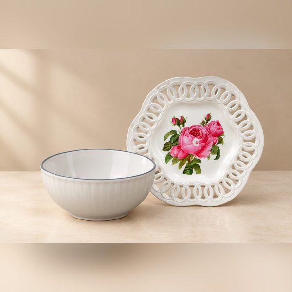 Ceramic Bowl and Floral Plate Duo